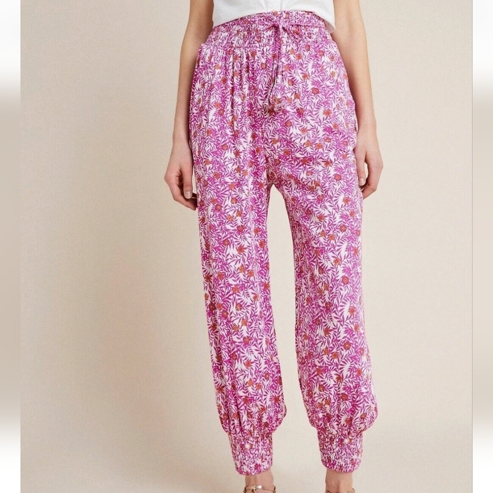 Anthropologie Abstract Smocked Joggers Tie Waist S Pink Floral Pockets Tie Waist